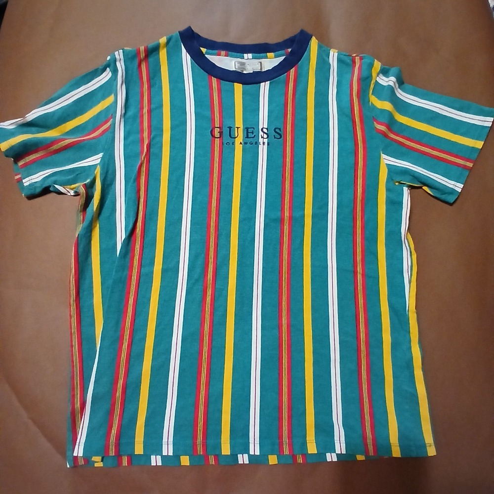 Vintage Guess Los Angeles Tshirt Verticle Color Stripes Size Medium Green Yellow